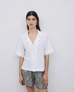Camisa bimateria cuello solapa blanco