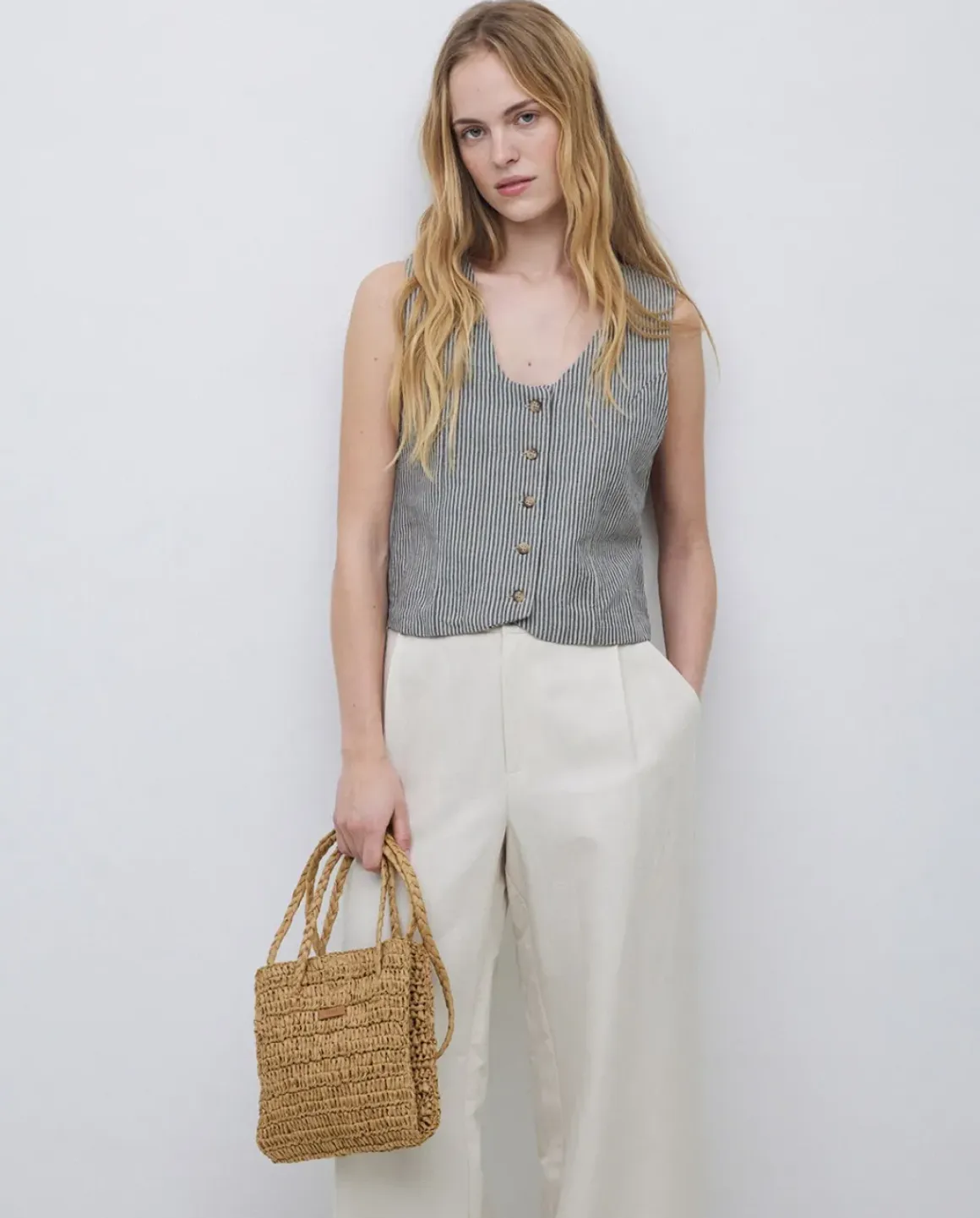 Chaleco rayas mezcla lino azul grisáceo