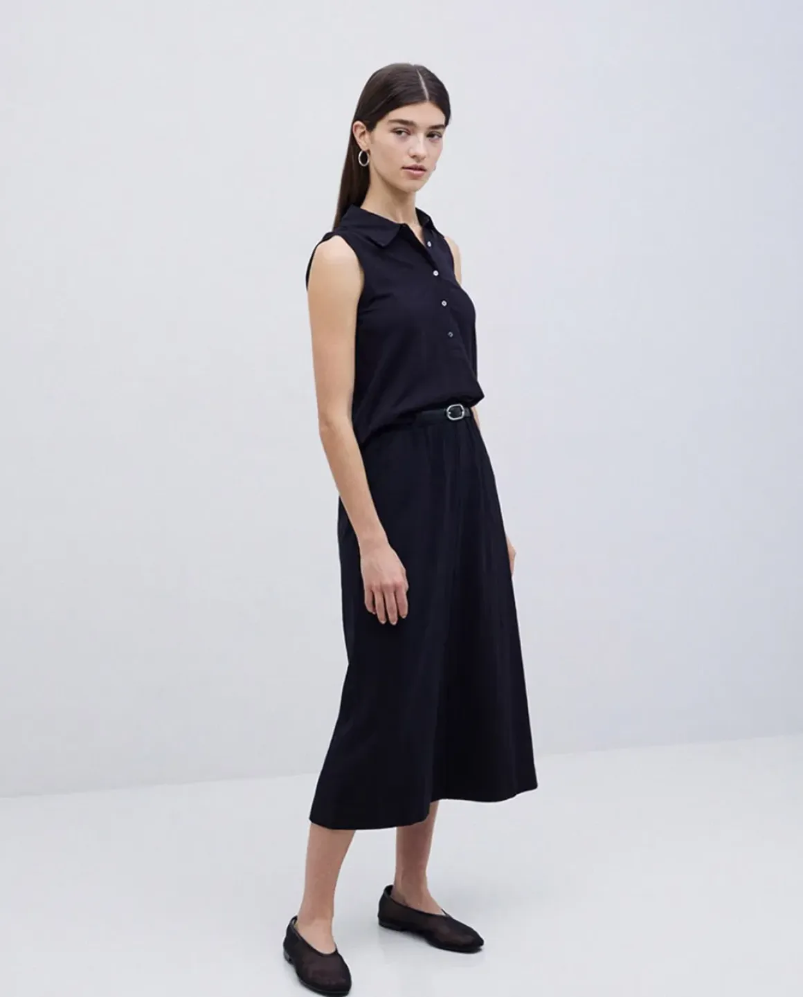 Falda midi flamé de algodón negro