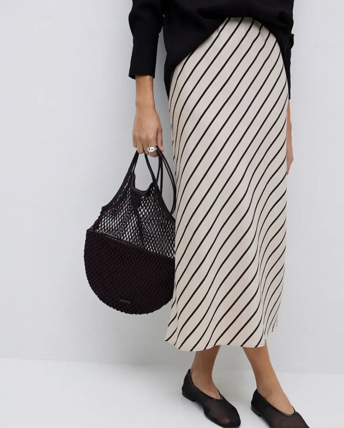Falda midi tencel rayas crudo