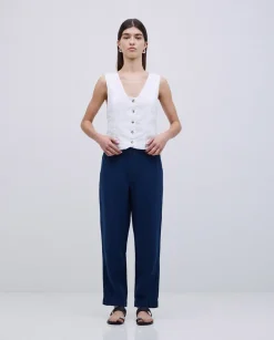 Pantalones rectos lino azul oscuro