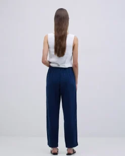 Pantalones rectos lino azul oscuro