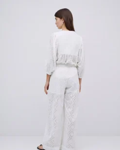 Pantalones wide leg bordado blanco