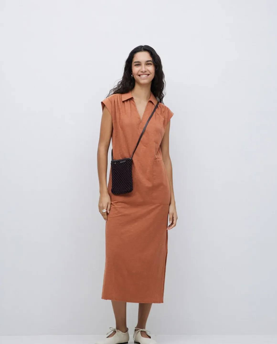 Vestido camisero flamé de algodón terracota