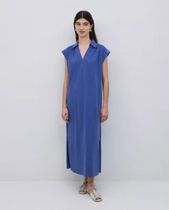 Vestido camisero flamé de algodón azul