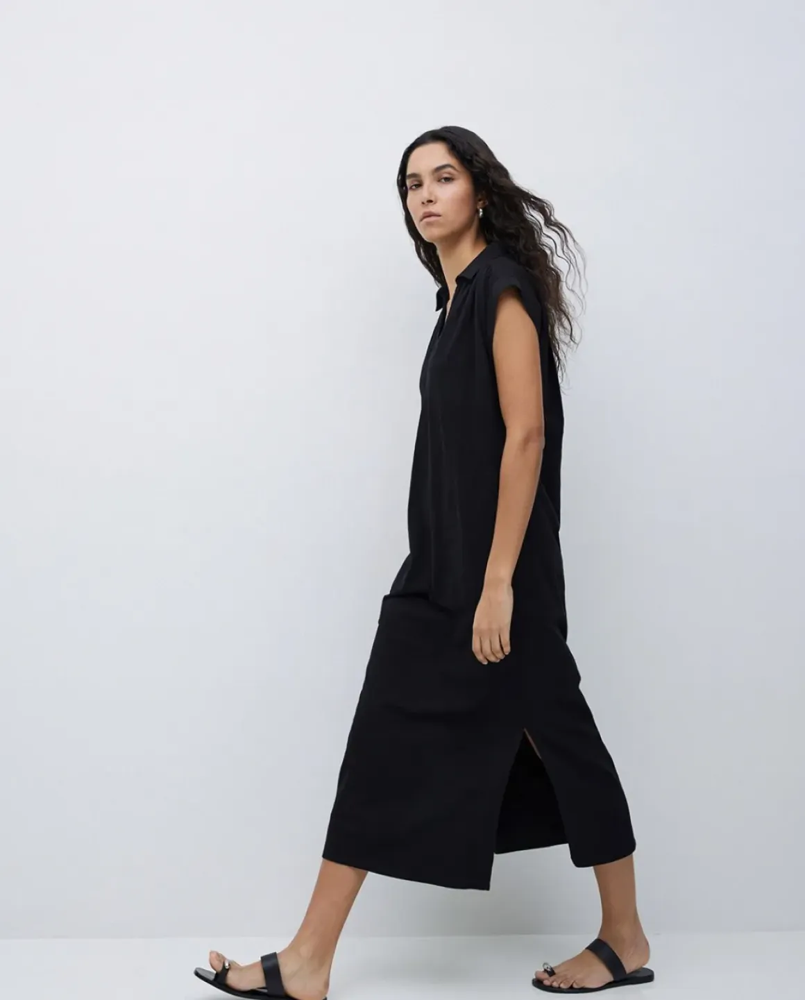 Vestido camisero flamé de algodón negro
