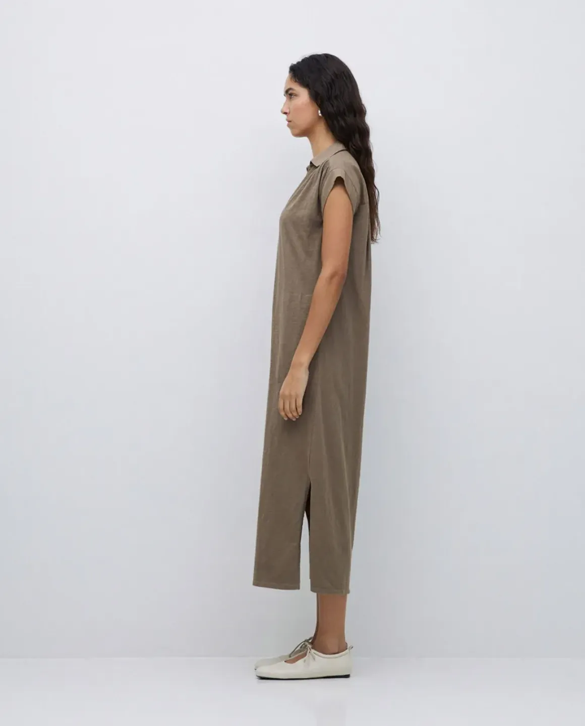Vestido camisero flamé de algodón caqui