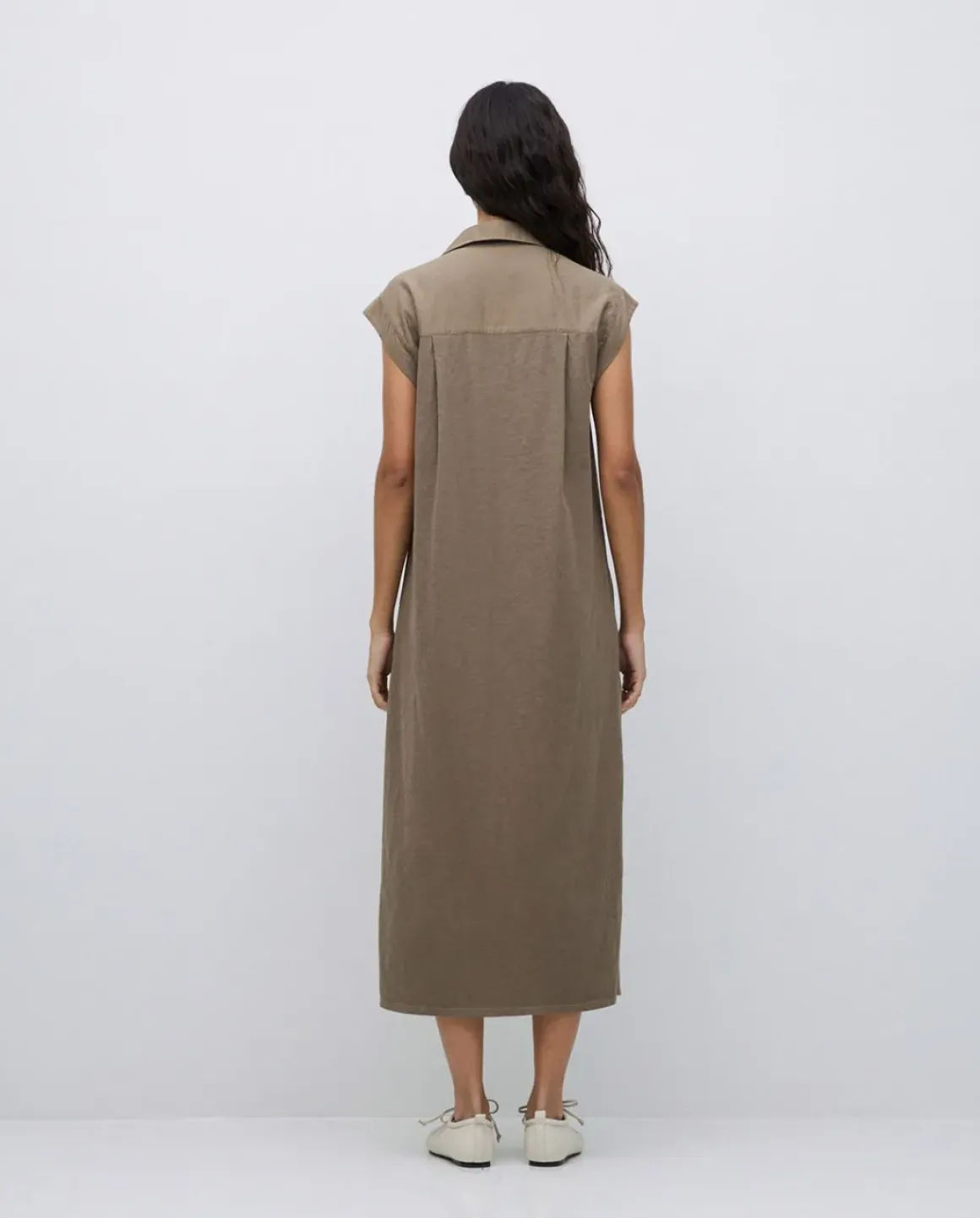 Vestido camisero flamé de algodón caqui