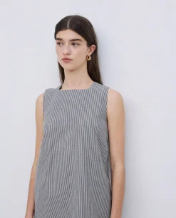 Vestido corto rayas lino y algodón azul grisáceo