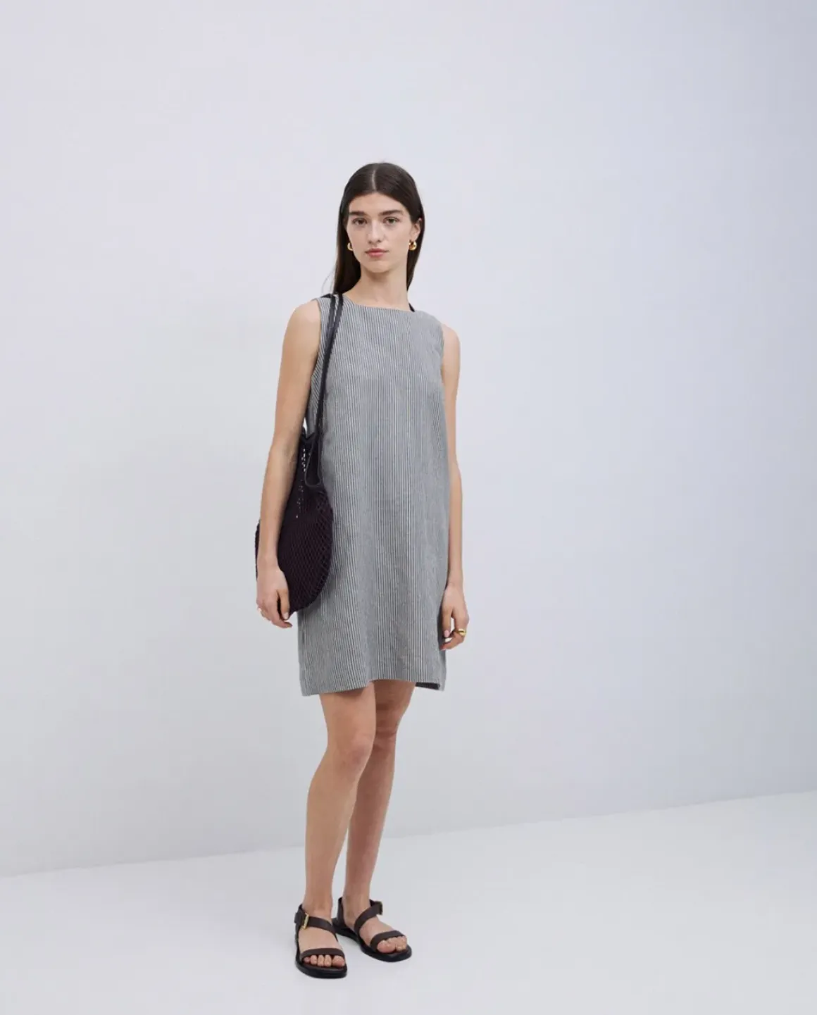 Vestido corto rayas lino y algodón azul grisáceo
