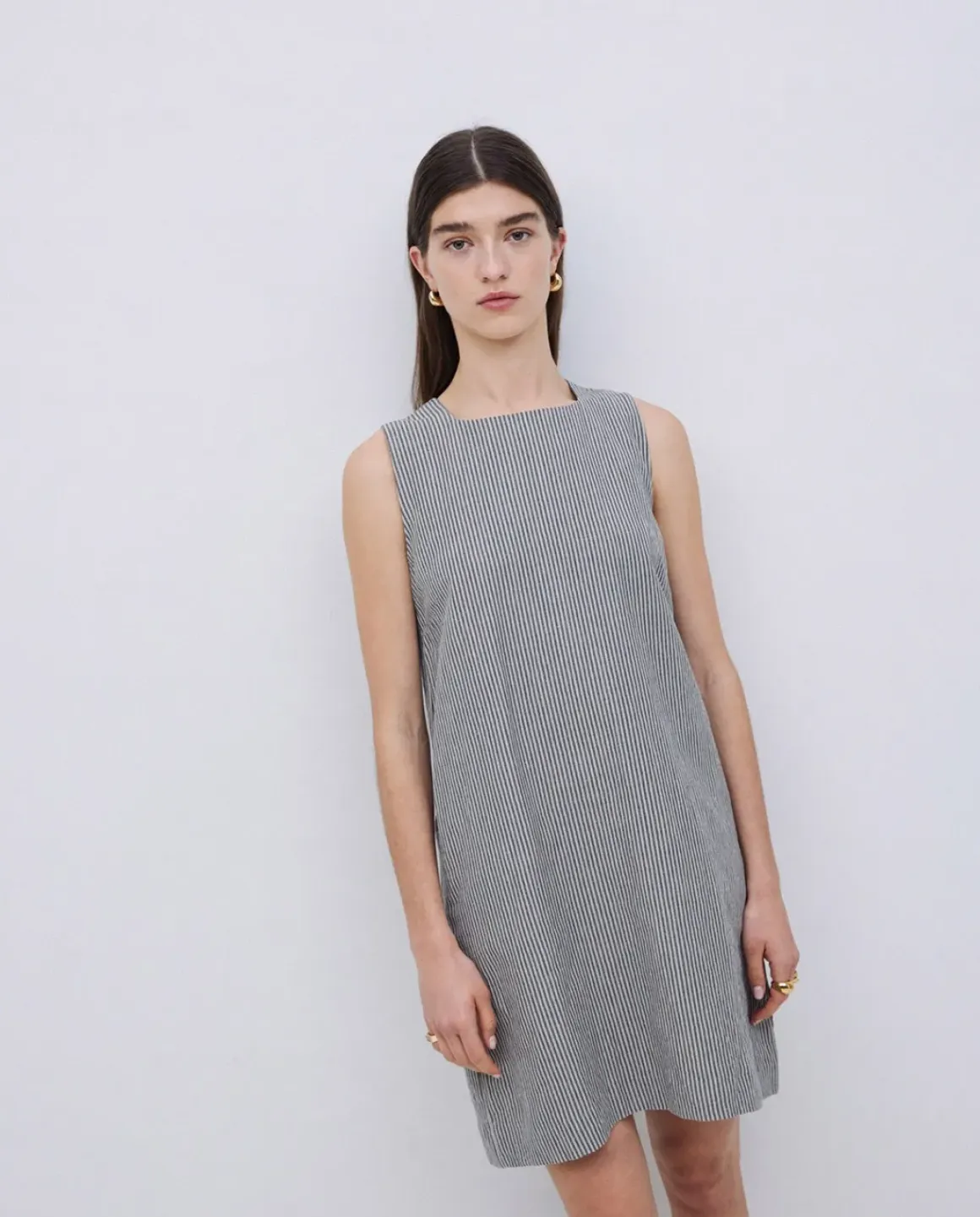 Vestido corto rayas lino y algodón azul grisáceo