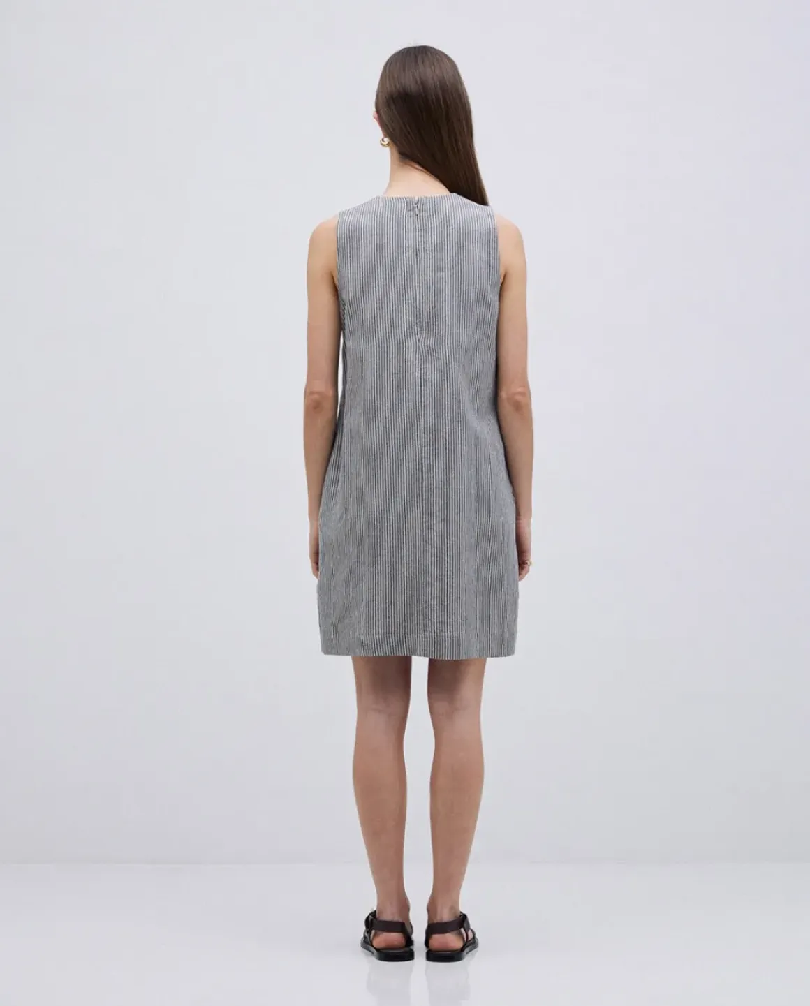 Vestido corto rayas lino y algodón azul grisáceo