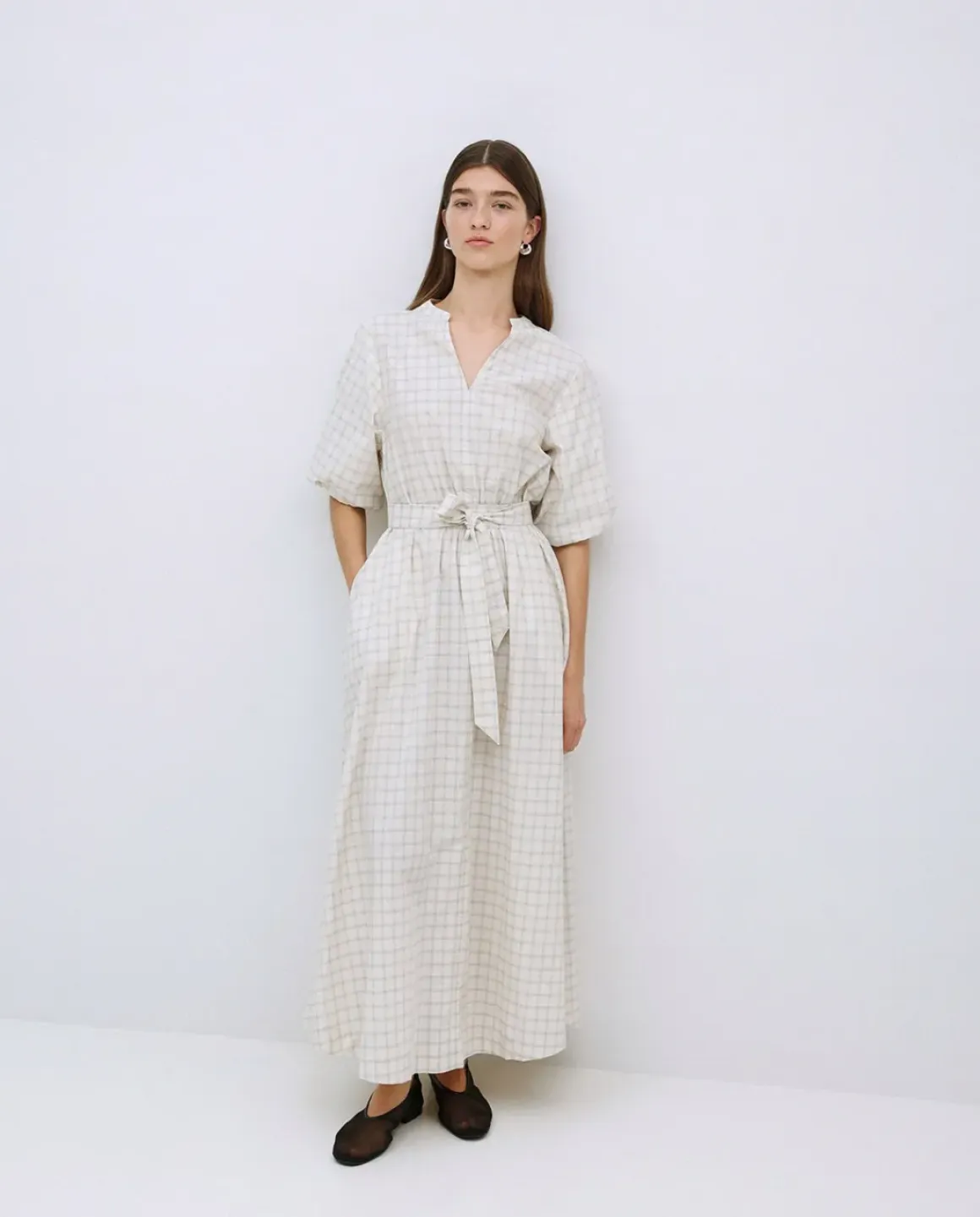 Vestido largo cuadros crudo