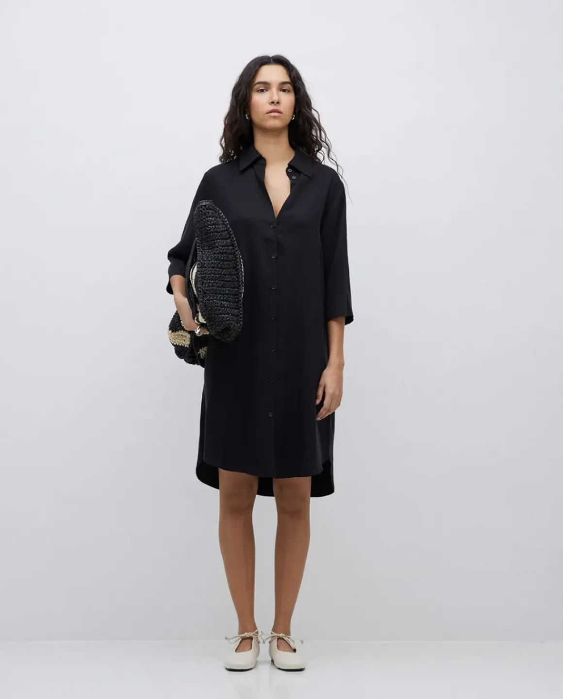 Vestido tencel cuello camisero negro